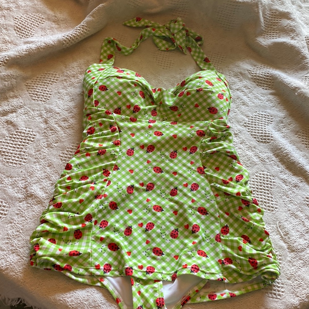 Unique Vintage green gingham 1 piece swimsuit w/ ladybugs Washed and never worn
